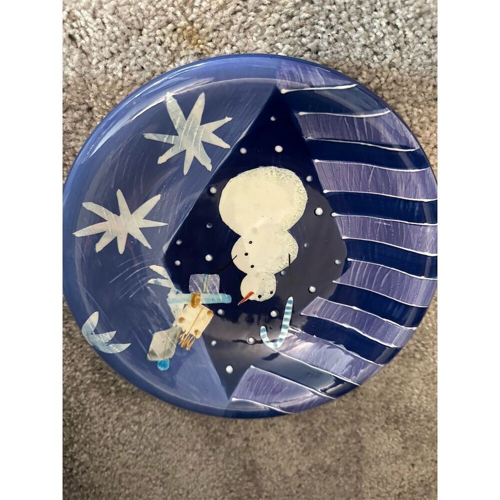 Sakura Twinkle Snowman Christmas Holiday Plates Set of 4 Blue Festive